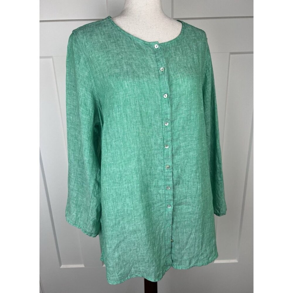Tahari 100% Linen Tunic Top 1X Green Button Front Roll Tab Sleeve EUC - Picture 8 of 9
